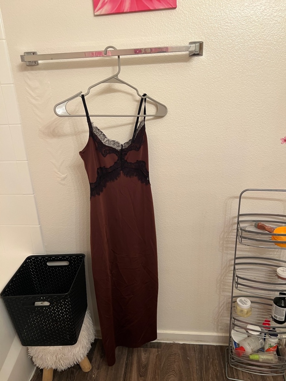 Zara Brown Slip Dress with Black Lace Trim
